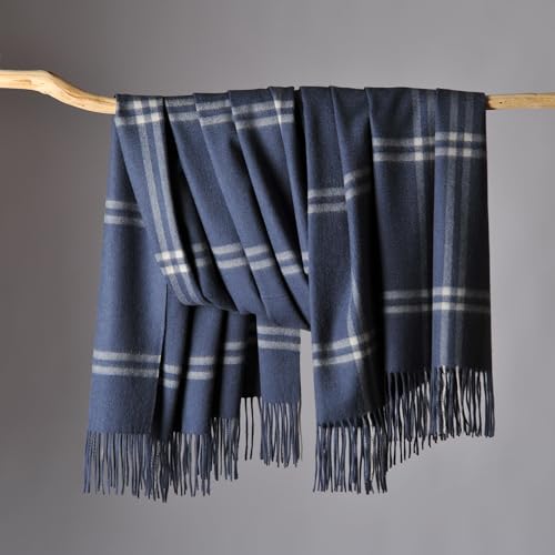 CUDDLE DREAMS Premium Cashmere Throw Blanket with Fringe (Plaid Blue) - color: Plaid Blue