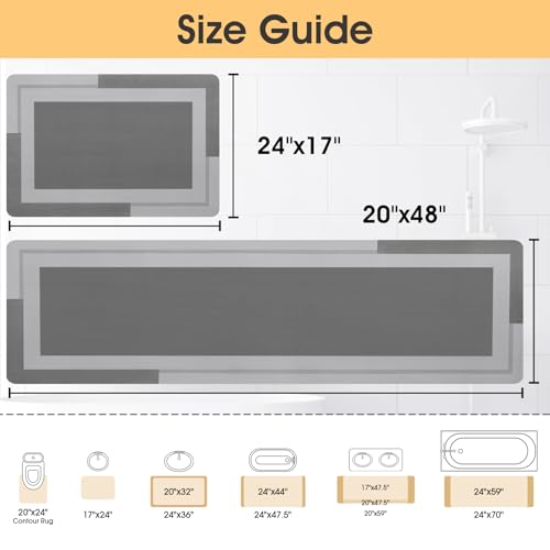 ACCUMTEK Non Slip Bath Mat, Thin Bathroom Rugs Fit Under Door, Quick Dry Bath Mats, Machine Washable Bath Rugs for Bathroom, Bathtub & Kitchen, Bathtub, Grey/Bordered/24 x17+48"x20" - color: Grey, size: 24"x17"+48"x20"