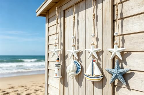 4Pcs Wooden Seashells/Star/Ships/Lighthouse Wall Hanging Decor, Farmhouse Rustic Coastal Themed Decorations for Home, Beach Wall Sign Nautical Decor for Bedroom, Living Room