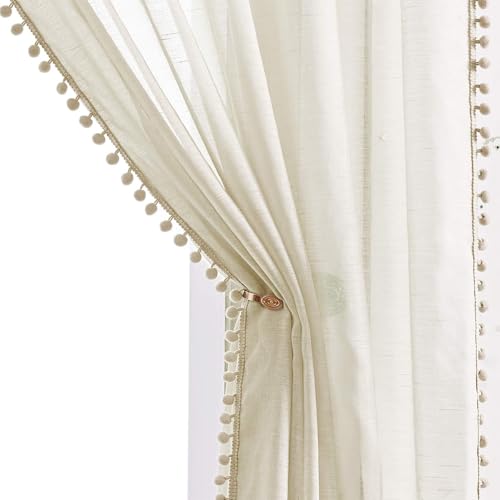 Natural Pompom Linen Sheer Curtains for Living Room Bedroom 52x72 Voile 2pc - color: Natural, size: 52"W x 72"L (Pack of 2)