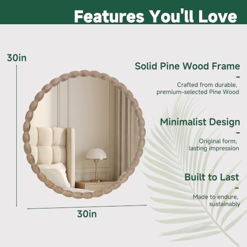 30"x30" Round Solid Wood Farmhouse Decorative Wall Mirror - color: Beaded-natural Color, size: 30"L x 30"W