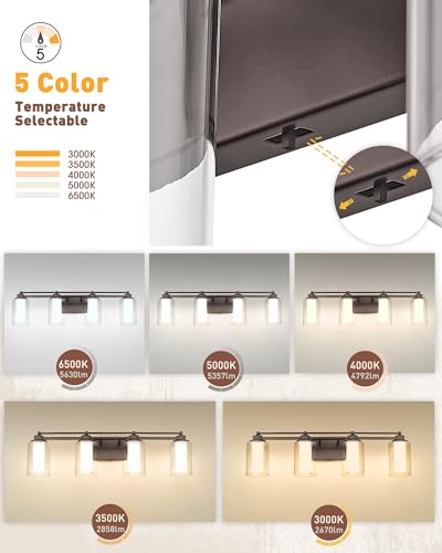 HWH Bathroom Light Fixtures 4 Lights, Clear Glass, 5CCT, 5HLT63B-4W-LED ORB - color: ORB + LED, size: 4 Lights