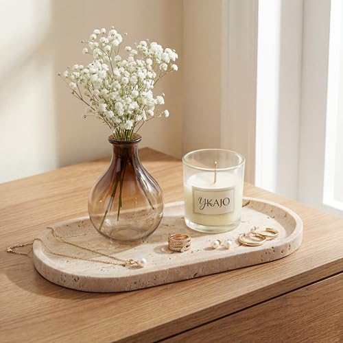 YKAJO Natural Travertine Beige Oval Marble Tray, 11.8x5.9 Vanity Organizer - color: Natural Travertine Beige, size: 11.8" x 5.9" x 0.6"