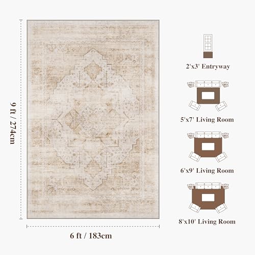 6x9 Washable Vintage Area Rug - Distressed Non-Slip Rugs Soft Large Retro Carpets for Living Room Bedroom Dining Room Office Home Decor, Beige - color: Light Brown, size: 6' x 9' (Rectangular)