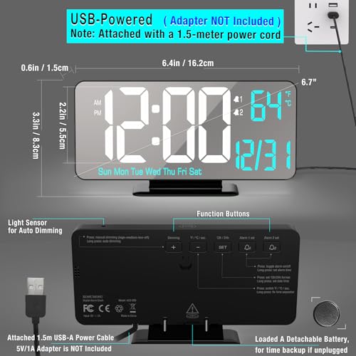 KOSUMOSU Digital Alarm Clock 6.7in Black Clock for Bedroom, Dual Alarm, Date, Seconds,Day of Week,12/24h,Dimming, Temp, Desk Clock, LED Clock for Living Room, Calendar Digital Clock - color: Black Clock(white + Blue Digits)