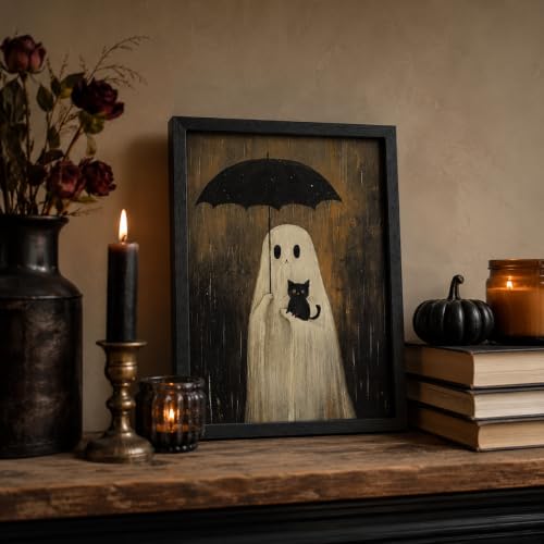 Framed Spooky Cute Ghost Black Cat Wall Art,Halloween Moody Painting Picture Wall Decor,Whimsical Ghost Umbrella Poster Print Artwork,for Living Room Bedroom Bathroom Home Decoration. - color: Ghost and Black Cat, size: 16"L x 12"W