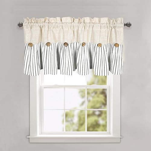 DOSLY Ides Farmhouse Rustic Linen Cotton Valance Curtain, Black Striped Pleated Design with Coconut Buttons, Multi-Room Window Treatment for Kitchen Living Room Bedroom, 52x18 Inch - color: Linen & Black Stripe, size: 52"W x 18"L (Pack of 1)
