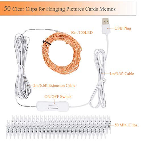 Decute 100 LED 50 Photo Clips String Lights Holder 33FT Starry Fairy Lights for Hanging Pictures Cards Memos USB Powered with Switch Perfect for Bedroom Wedding Dorm Christmas Decor (Warm White) - color: Warm White