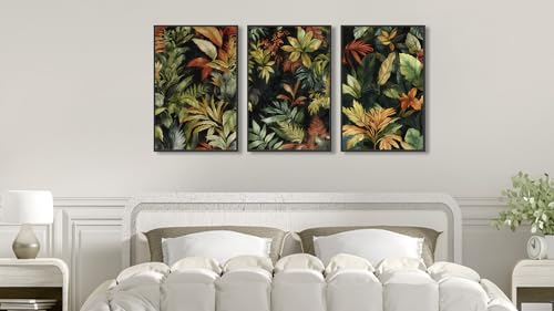 Large Framed Tropical Botanical Wall Art, Jungle Leaf Green, 24"x36"x3 - color: green, size: 24" X 36" X 3pcs Framed
