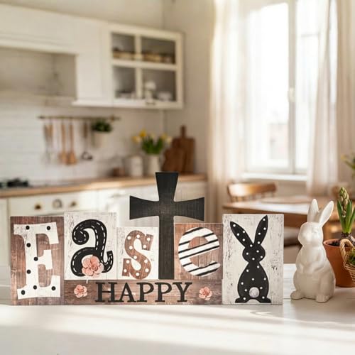 Smile 7Pcs Easter Decor Indoor Wooden Sign, Bunny Eggs Farmhouse Style Shelf Accents for Spring Holiday Home Decoration - style: Rustic Easter