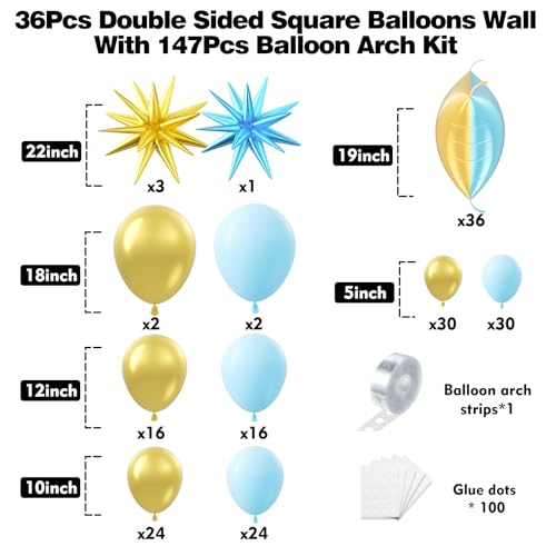 36pcs Blue and Gold Square Foil Balloons Wall Backdrop with 147pcs Balloon Garland Arch Kit, Double Sided Balloons for Graduation Birthday Anniversary Wedding Baby Shower Prom Party Decorations - color: Blue and Gold
