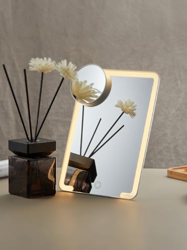 OMIRO 10 x 7 in Makeup Mirror with Lights and 10X Magnetic Magnifier, White - size: 10"L x 7"W