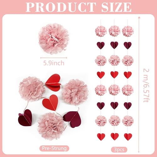 Dusty Rose Pink Party Decoration Tissue Flowers Pom Pom with Burgundy Red 3D Heart Hanging Paper Garland Banner Streamer for Valentines Day Birthday Wedding Shower Bridal Shower Party Supplies - color: Burgundy Red Heart
