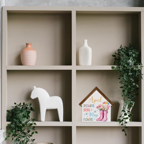 April Showers Bring May Flowers Decorations, Spring House Shaped Wood Block - color: April
