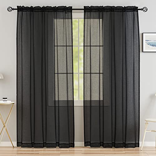 MYSTIC-HOME Window Curtains Black Sheer 90 Inches Long 2 Panels Tulle for Bedroom Panel Sets Rod Pocket Living Room Kitchen Yard 52 W x L - color: Black, size: 52"W x 90"L (Pack of 2)