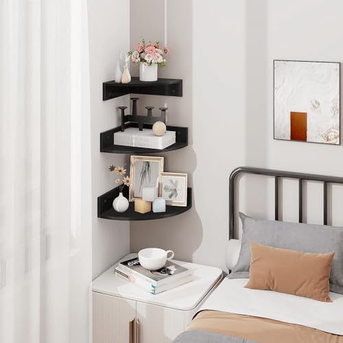 Homode Corner Floating Shelves, Set of 3 Corner Shelves Wall Mounted with Cable Hole, 3 Tier Wooden Hanging Corner Storage Shelf for Bedroom, Living Room, Kitchen, Black - color: Black
