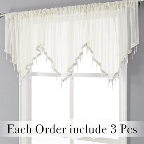 WUBODTI Ivory Sheer Beaded Valance Curtains Living Room Kitchen Windows - color: Ivory
