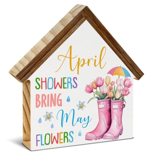 April Showers Bring May Flowers Decorations, Spring House Shaped Wood Block - color: April