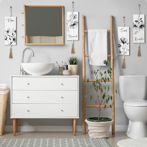 Qunclay 4 Pcs Boho Bathroom Wall Decor Relax Soak Unwind,Gray,Flower - color: Gray Flower