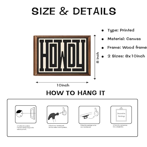 western Funky Wall Art, Black and White Howdy Wall Decor Texas Modern Canvas Picture Country Ranch Sign print minimalism Cowgirl Cowboy Farmhouse Living Room Bedroom Bathroom Home 8X10in Framed - color: black howdy, size: 10"L x 8"W