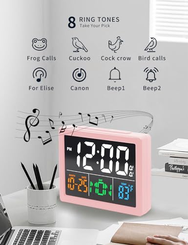 JALL Digital Clock with Date Day for Seniors, Electric Alarm Clocks for Bedrooms with Temperature, 2 Alarms, Dimmer, Dual USB Charger, Battery Backup, Volume Control, Snooze, Bedside Desk Clock, Pink - color: Pink