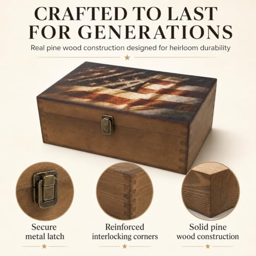 Rustic Flag Wooden Keepsake Box, Large Memory Box for Keepsakes, Decorative Storage Box for Memories, Jewelry, & Photos, Memorial Boxes for Men & Women - color: Rustic Flag