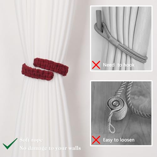 NICEEC 2 Pack Natural Cotton Rope Curtain Tiebacks Farmhouse Rustic Style Decorative Drape Tie Backs Handmade Braided Curtain Holdbacks for Home & Office Sheer/Light Weight Drapery (C-Wine Red-L) - color: Wine Red-large, size: 2 Pack