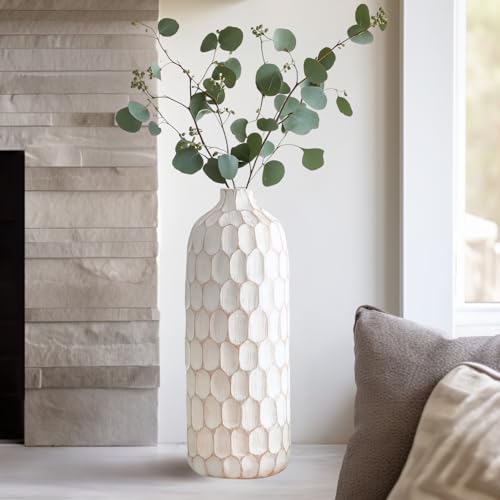 Torre & Tagus Rustic 15 Inch Vase in White/Brown, Large Rustic Vase Farmhouse Terracotta Style for Home Decor, Boho Large Vases Home Decor for Living Room, Table, Wedding, Shelf (Carved Divot) - style: 5.5" x 15" Tall