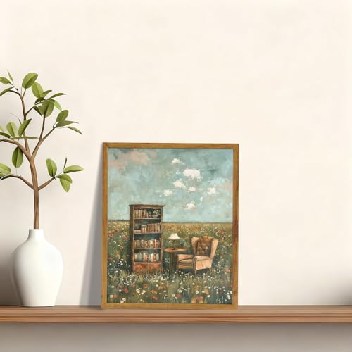 KBKBART Framed Reading Wall Art Whimsical Book Lover Canvas Painting 8x10in - color: Bookshelf, size: 10"L x 8"W