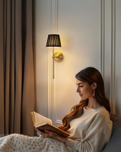 KDG Gold Cordless Wall Sconces Set of 2, Black Fabric LED Wall Lamps - color: Gold + Black Lampshde (2 Pack)