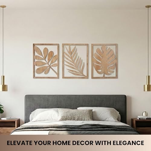 qmmp Modern Wooden Wall Sculptures - Set of 3 - Home Decor Accent - Large Wall Art for Living Room, Bedroom, Office - Easy Installation (Oak, Large - Tree Leaves) - color: Oak, size: Large - Tree Leaves