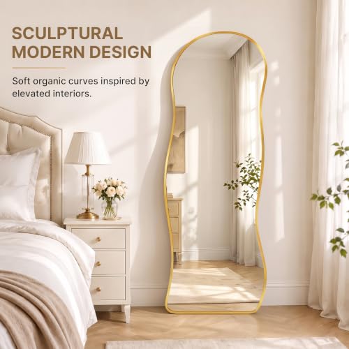 Irregular Wall Mirror Full Length with Stand, 63" x 24" Gold Asymmetrical Wavy Floor Mirror, Full Body Standing Mirror, Leaning or Wall Mounted for Bedroom, Living Room & Entryway - color: Gold - Pebble