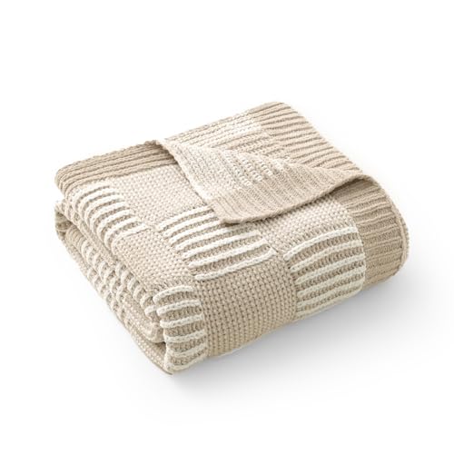 Amélie Home Checkered Chenille Knit Throw Blanket for Bed, Beige 60"x80" - color: Checkered Beige, size: 60" X 80"