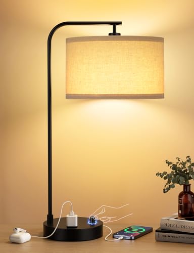 20.7" Tall Table Lamp with USB & Outlet, Fully Dimmable Nightstand Lamp - color: A-Beige Shade & Black Base