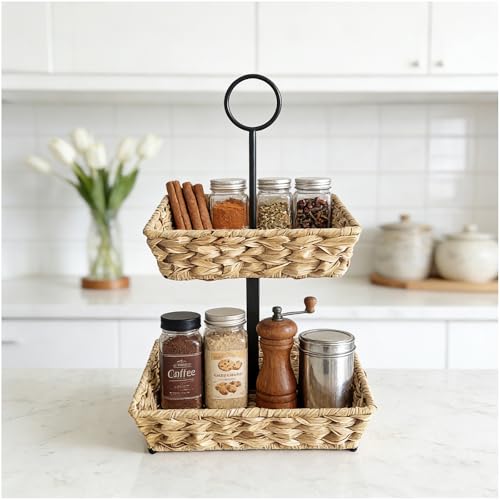 2 Tier Wire Fruit Basket with Rattan | Square Metal Standing Baskets| Handwoven Fruit and Vegetable Storage Organizer |Stackable Candy Organizer|Multi-Function Snack Rack&Shelf for Chips