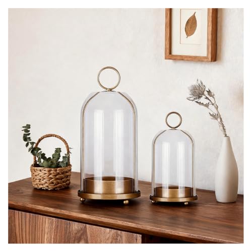 Metal Candle Holder Handmade Glass,Brass Dome Hurricane Glass Candle Holder