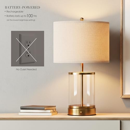 O’Bright Luma - Battery Powered Table Lamp, Cordless Glass Bedside Lamp with Rechargeable Battery, Full Size 19.5 Inch Height, Touch Dimmer, Type-C Charging, Clear Glass Design, Antique Brass - color: Antique Brass, size: 19.5-inch