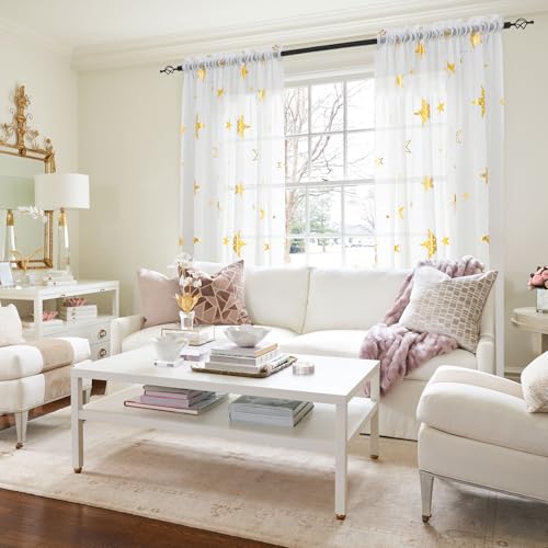 L.Z.E Gold and White Sheer Curtains 96 Inches Long 2 Panels Set for Living Room Nursery, Linen Textured Kids Curtain with Cute Gold Star,Light Filtering Dual Rod Pocket Curtains & Drapes - color: (Rod Pocket) Gold Star, size: 54"W x 96"L (Pack of 2)