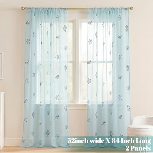 Tegeme 2 Panels Blue Ocean Sheer Curtains for Bedroom 84 Inch - color: Blue, style: Ocean