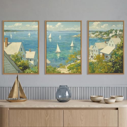 Large Coastal Sailboat Framed Canvas Wall Art Set,Summer Seascape Wall Decor,Nautical Blue Ocean Art Prints,Nature Beach Artwork for Living Room,Bedroom,Dining Room,Office-16 x24 x3 - color: Coastal Sailboat Canvas Wall Art, size: 16"L x 24"W