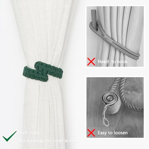 NICEEC 2 Pack Natural Cotton Rope Curtain Tiebacks Farmhouse Rustic Style Decorative Drape Tie Backs Handmade Braided Curtain Holdbacks for Home & Office Sheer/Light Weight Drapery (C-Dark Green-S) - color: Dark Green-small, size: 2 Pack