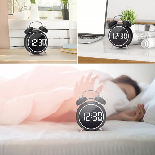 Digital Small Alarm Clock, 4.5 Inch Double Bell Electronic LED Alarm Clock - color: Black