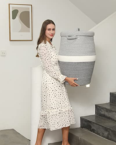 26"x20" Cottonphant Extra Large Tall Woven Laundry Basket with Lid, Cotton Rope Blanket Storage Basket, Freestanding Decorative Bin for Bedroom Living Room, Dual Grey - color: Dual Grey