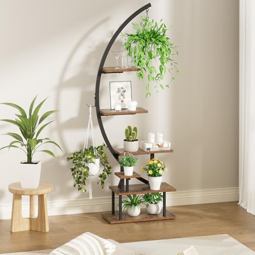 GREENSTELL Plant Stand Indoor with Grow Lights, 7-Tiered Tall Metal Plant Stand for Indoor Plants, Half-Moon Shape Display Shelf for Home,Living Room, Patio, Brown (1 Pack) - color: Brown