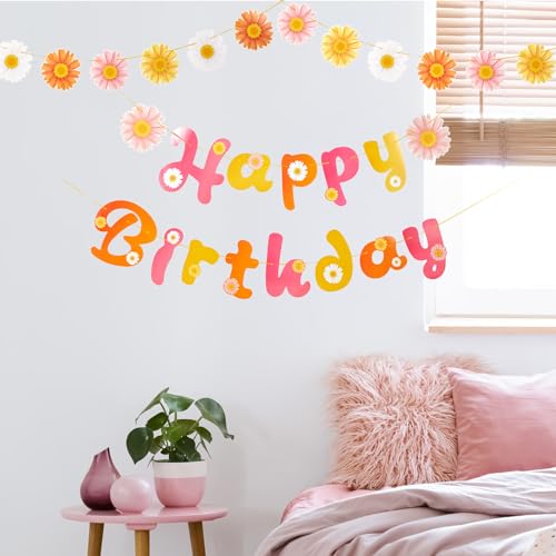 SUNBEAUTY Flower Daisy Happy Birthday Banner Groovy Party Banners Groovy Party Decorations Boho Happy Birthday Banner Daisy Retro Hippie Party Supplies Baby Shower | Pre-Strung - color: Daisy
