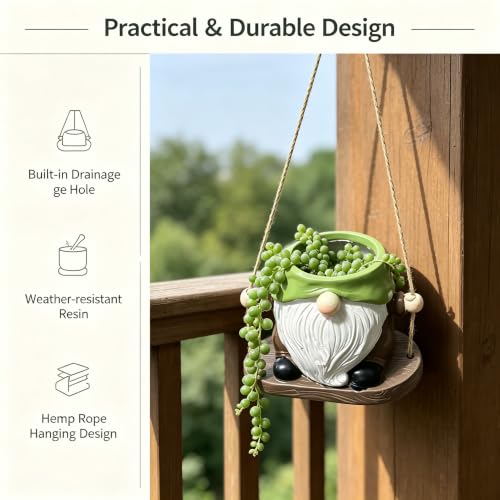 4" Swing Hanging Gnome Resin Pot with Drainage, Succulent Garden Decor Gift - color: A03-hanging Green Gnome