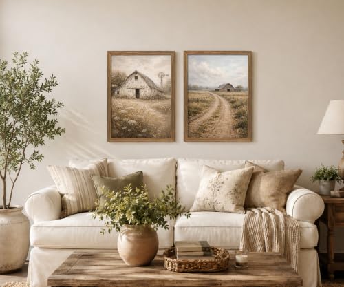 Farmhouse Wall Art Set of 2, Vintage Rustic Barn Landscape Canvas Prints - color: Yellow grass, size: 16x24 Inches