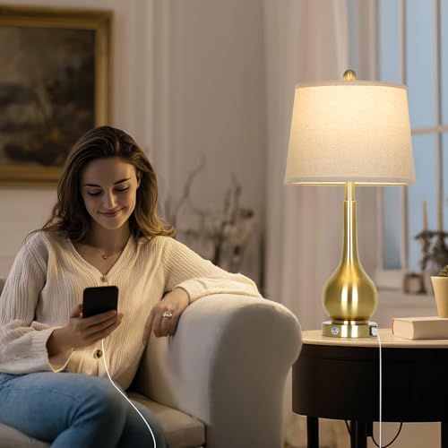 26" Gold Table Lamps Set of 2 for Living Room, Touch Control Bedroom Lamps for Nightstand, 3-Way Dimmable Bedside Lamp with USB A+C Port (2 LED Bulbs Included) - color: Gold - 26"H