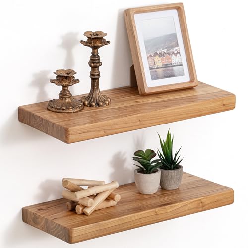 Floating Shelves for Wall, 18"Wx8"D Elm Wood Shelves, Set of 2, Natural - color: Natural, size: Round Edge, 18inch, 2Packs