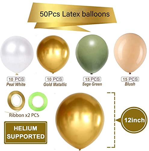 Sage Green Gold White Latex Balloons,50 Pcs 12 Inch Green and blush Gold Party Balloons For Birthday Engagement Wedding Anniversary Party Decorations - color: Sage Green Gold